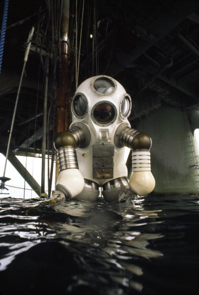 An informal portrait of the Jim suit, a scuba diving contraption