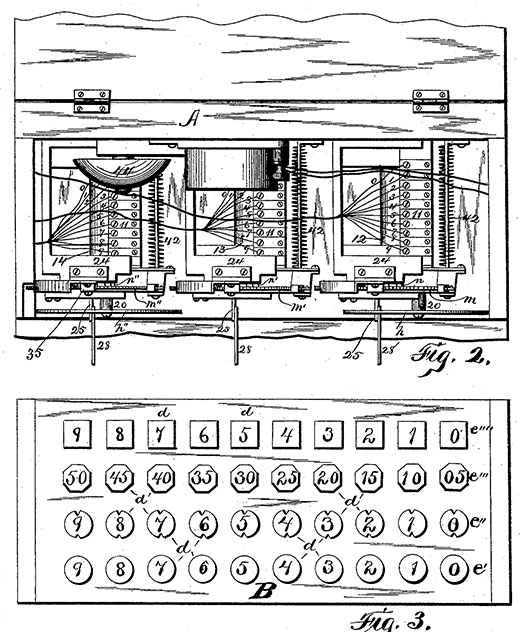 Bundy's cash register patent drawing